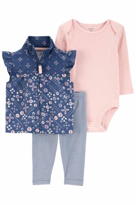 Kız Bebek 3'Lü Yelek Set - Mavi 