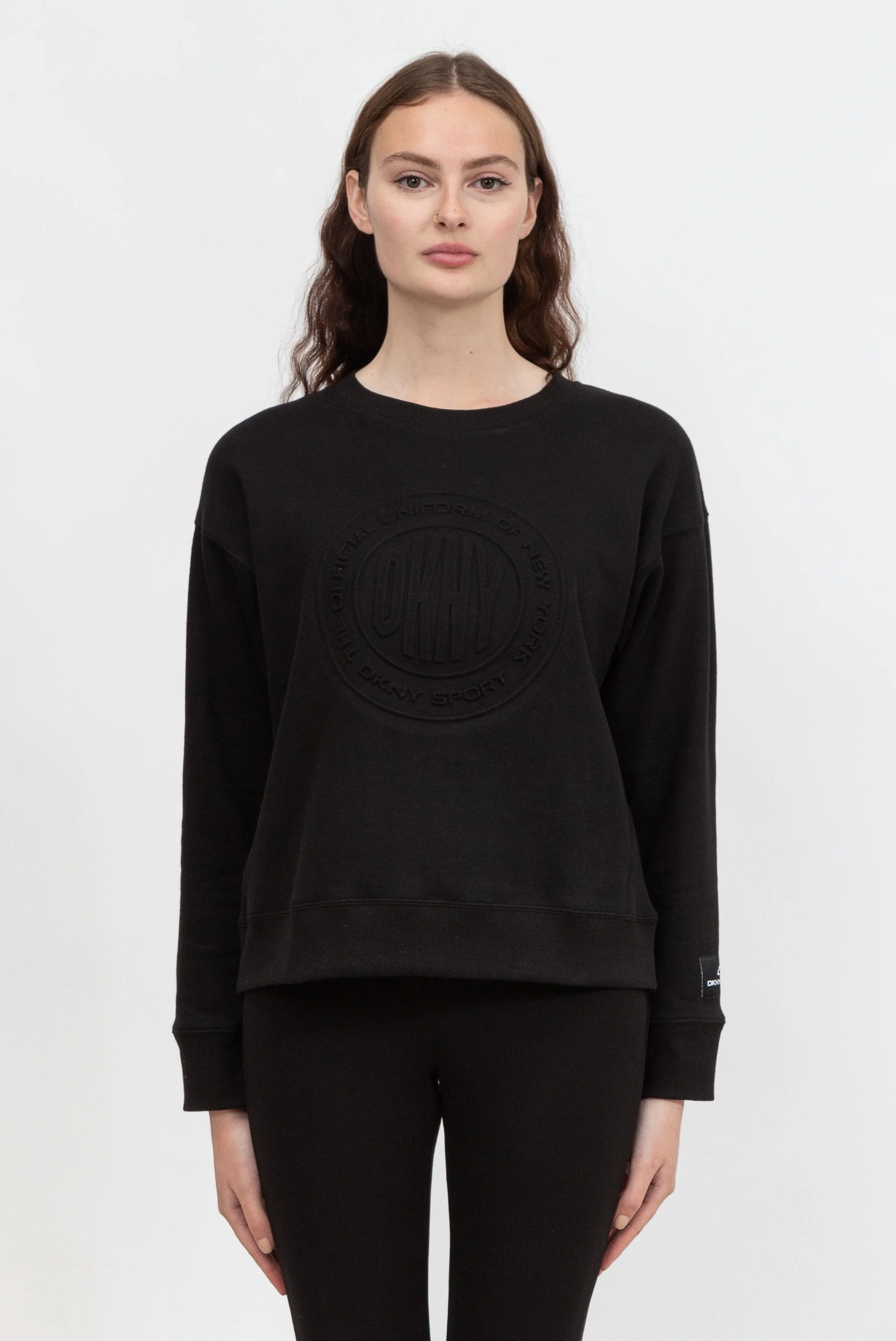 Embossed Medallion C Kadın Bisiklet Yaka Sweatshirt-Siyah 