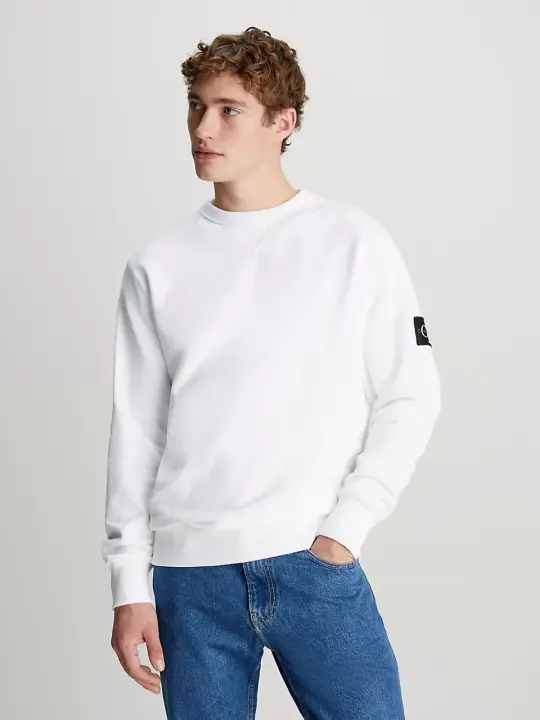 Erkek Badge Bisiklet Yaka Sweatshirt - Beyaz 