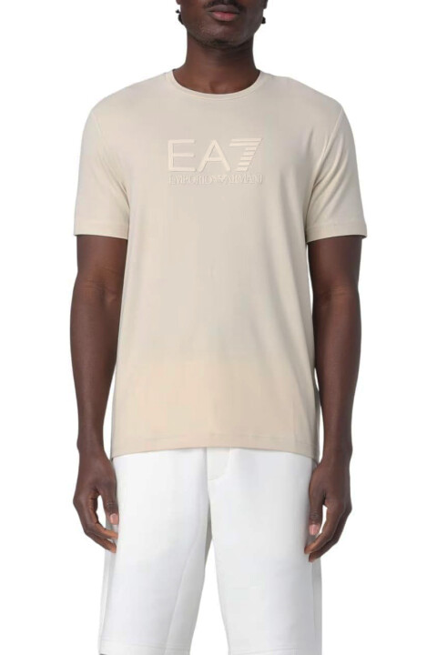 Erkek Bisiklet Yaka Kabartma Logo Baskılı T-Shirt - Bej 