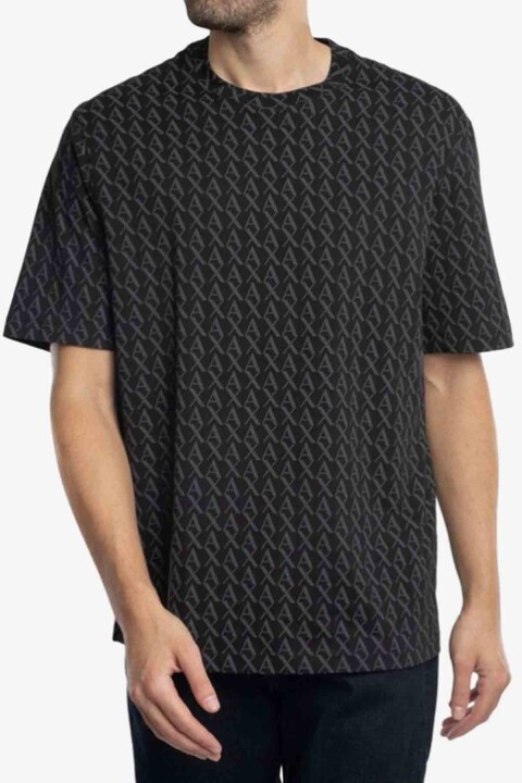 Erkek Bisiklet Yaka Logo Desen T-Shirt - Siyah 