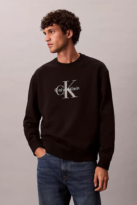 Erkek Bisiklet Yaka Monogram Logolu Pamuklu Sweatshirt - Siyah 