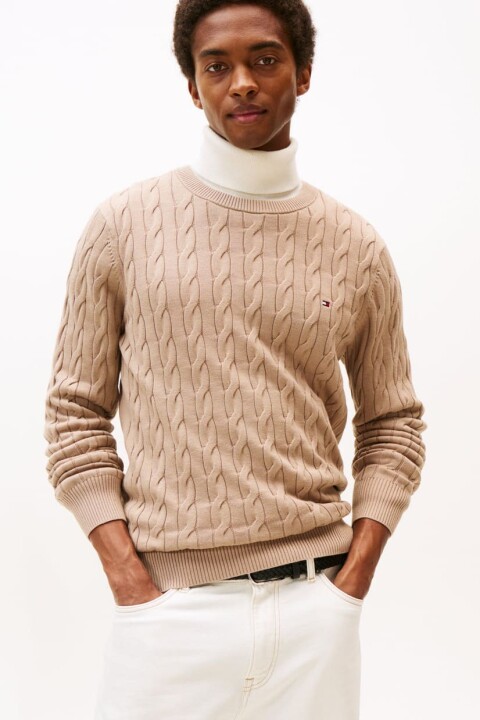 Erkek Bisiklet Yaka Saç Örgüsü Pamuklu Triko Kazak - Bej 