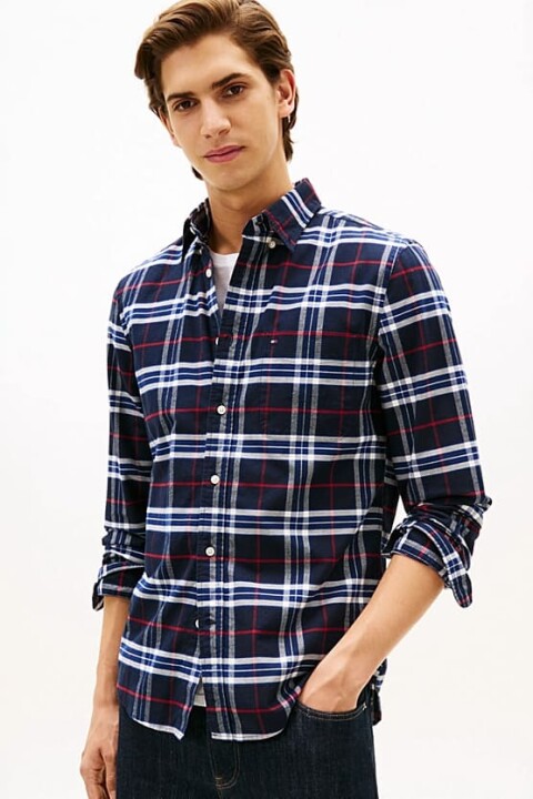 Erkek Brushed Oxford Check Regular Fit Ekose Gömlek - Lacivert/Çok Renkli 