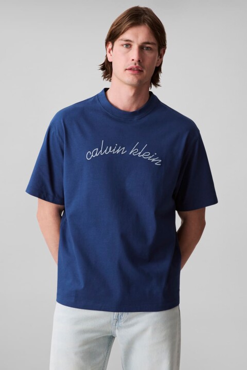 Erkek Center Chain Stitch T-Shirt - Mavi 