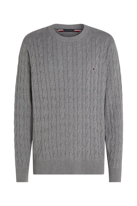 Erkek Classıc Cotton Cable Crew Neck Kazak-Gri 