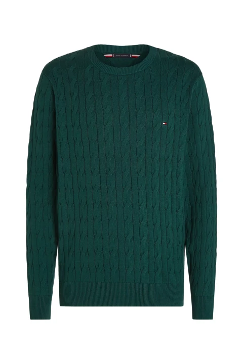 Erkek Classıc Cotton Cable Crew Neck Kazak-Yeşil 