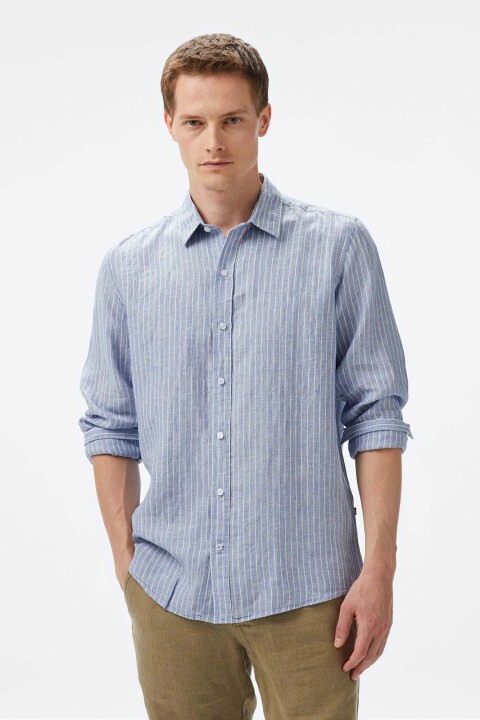 Erkek Classic Fit Çizgili Keten Gömlek - Mavi 