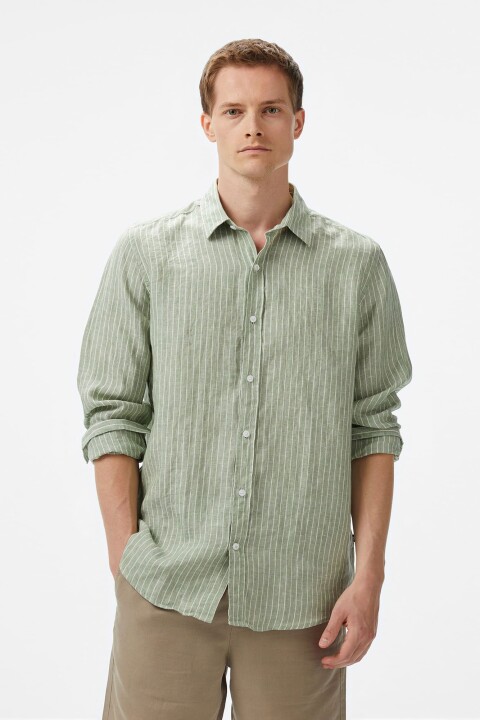 Erkek Classic Fit Çizgili Keten Gömlek - Yeşil 