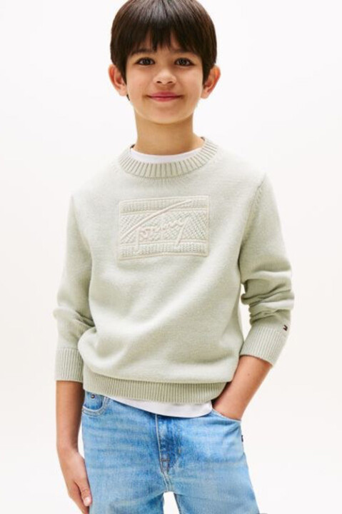 Erkek Çocuk Bisiklet Yaka Göğsü Kabartma Desenli Triko Kazak - Açık Yeşil 