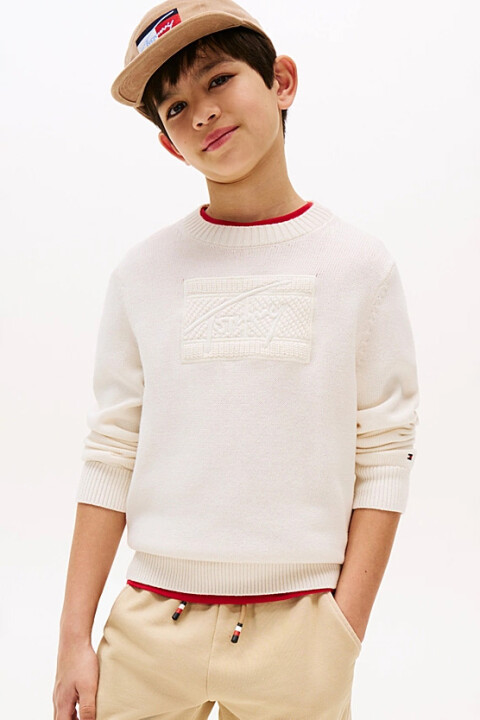 Erkek Çocuk Bisiklet Yaka Göğsü Kabartma Desenli Triko Kazak - Krem 