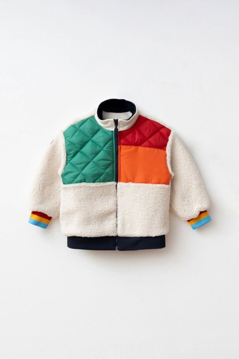 Erkek Çocuk Blok Renkli Kapitoneli Polar Ceket - Turuncu/Çok Renkli 