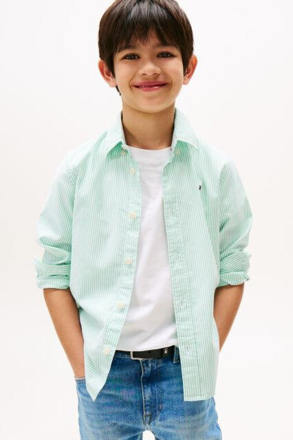 Erkek Çocuk Çizgili Düğmeli Yaka Gömlek - Mint Yeşili 