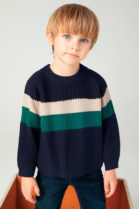 Erkek Çocuk Çizgili Nervürlü Kazak - Lacivert 