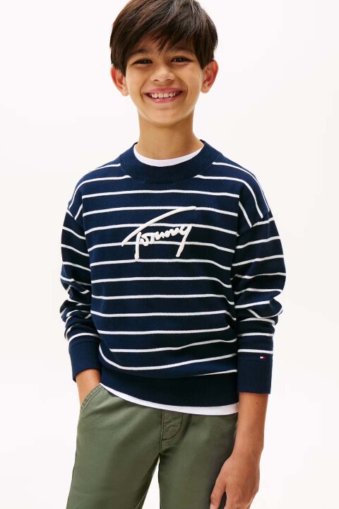 Erkek Çocuk Çizgili Yuvarlak Yaka Triko Kazak – Lacivert 