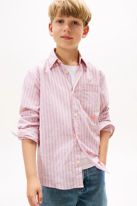 Erkek Çocuk Çok Renkli Çizgili Düğmeli Yaka Gömlek - Pembe 