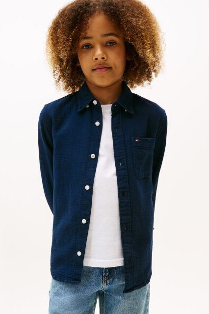 Erkek Çocuk Dokulu Pamuklu Gömlek - Lacivert 