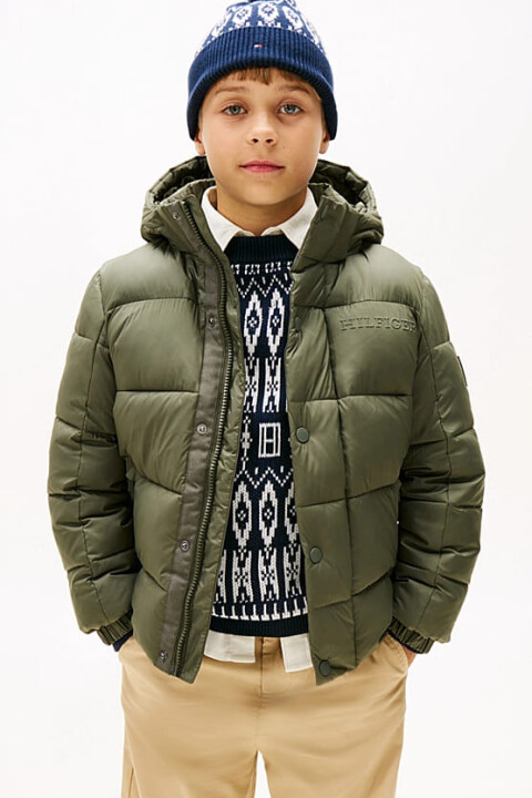 Erkek Çocuk Kabartma Yazı Logolu Kapüşonlu Şişme Mont - Haki 