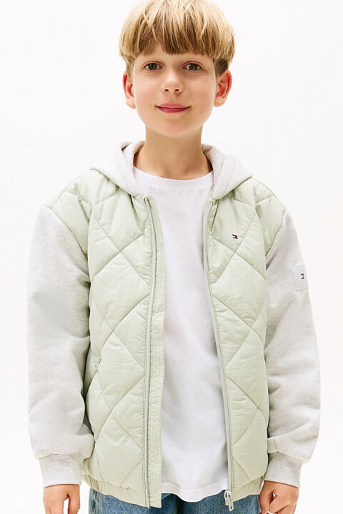 Erkek Çocuk Kapüşonlu Karışık Kumaşlı Kapitone Mont - Yeşil/Gri 