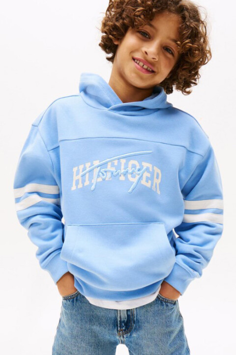 Erkek Çocuk Kolları Şeritli Grafik Baskılı Kapüşonlu Sweatshirt - Mavi 