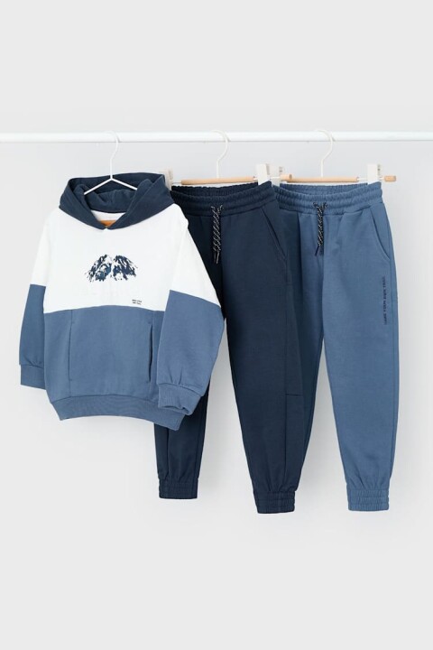 Erkek Çocuk Normal Kalıp 3 Parça Dağ Baskılı Eşofman Takımı - Mavi 