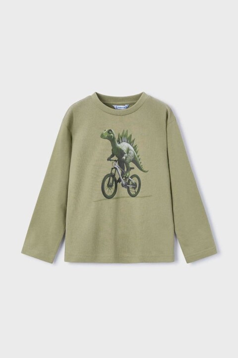 Erkek Çocuk Normal Kalıp Uzun Kollu Dinozor Baskılı T-Shirt - Yeşil 