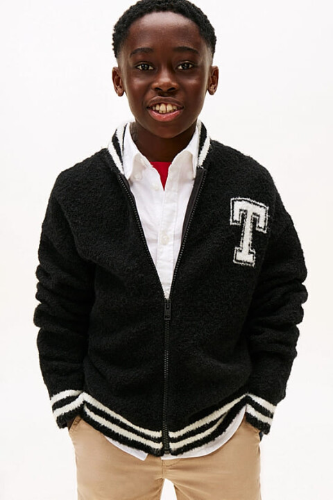 Erkek Çocuk Regular Fit Harf Aplikeli Şeritli Yaka Kolej Hırka - Siyah 