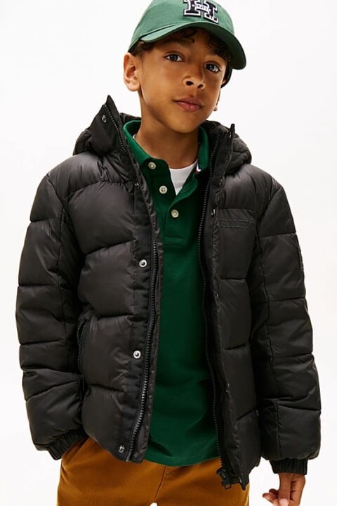 Erkek Çocuk Regular Fit Kabartma Yazı Logolu Kapüşonlu Şişme Mont - Siyah 