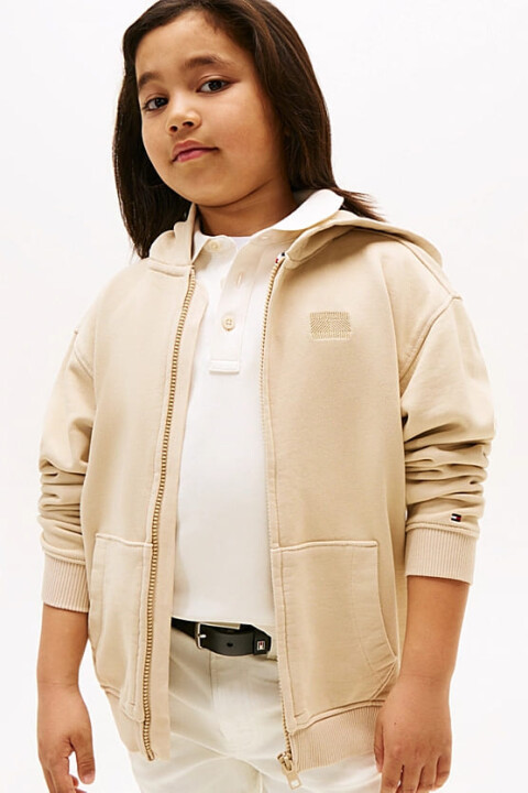 Erkek Çocuk Regular Fit Kapüşonlu Fermuarlı Tonal Logolu Sweatshirt - Bej 