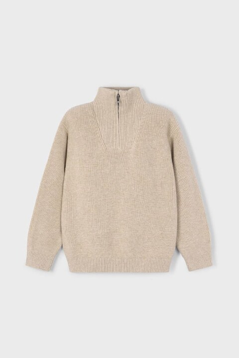 Erkek Çocuk Regular Fit Yarım Fermuarlı Dik Yaka Kazak - Bej 