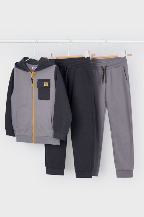 Erkek Çocuk Renk Bloklu Kapüşonlu 3 Parça Eşofman Takımı - Gri 