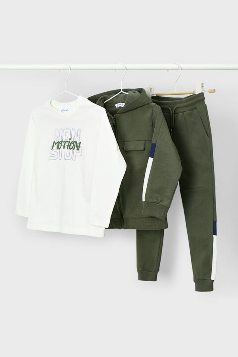 Erkek Çocuk Renk Bloklu Kapüşonlu 3 Parça Eşofman Takımı - Haki/Krem 