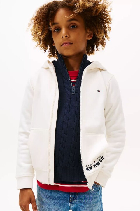 Erkek Çocuk Yazı Baskılı Kapüşonlu Fermuarlı Sweatshirt - Kırık Beyaz 