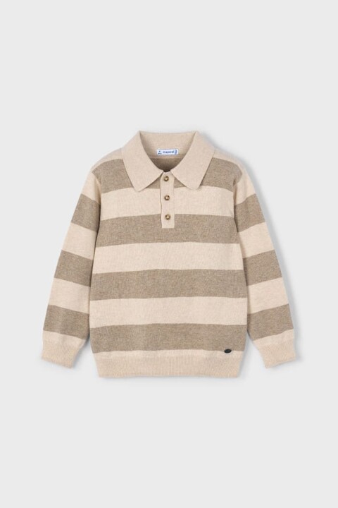 Erkek Çocuk Yün Karışımlı Polo Yaka Çizgili Triko Kazak - Kahverengi 