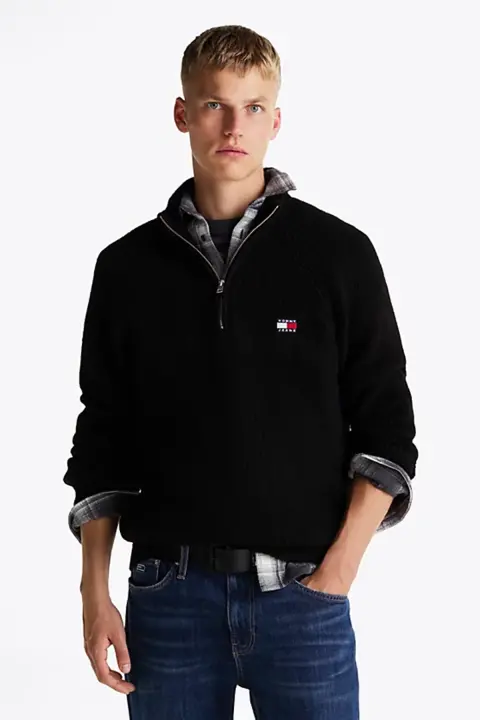 Erkek Dik Yaka Regular Fit Nakışlı Kazak - Siyah 