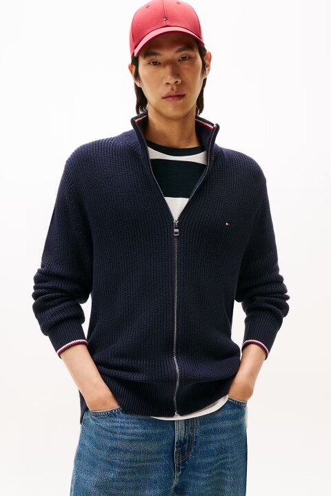 Erkek Dik Yaka Tam Kalıp Ribana Örgü Fermuarlı Triko Hırka - Lacivert 