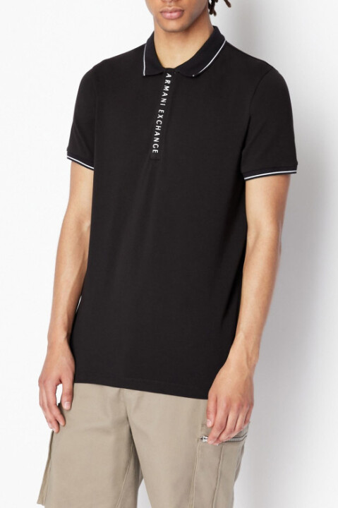 Erkek Dikey Logo Baskılı Polo Yaka T-Shirt - Siyah 