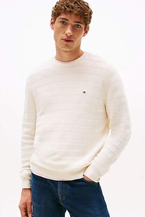 Erkek Dokulu Çizgili Bisiklet Yaka Triko Kazak - Krem 