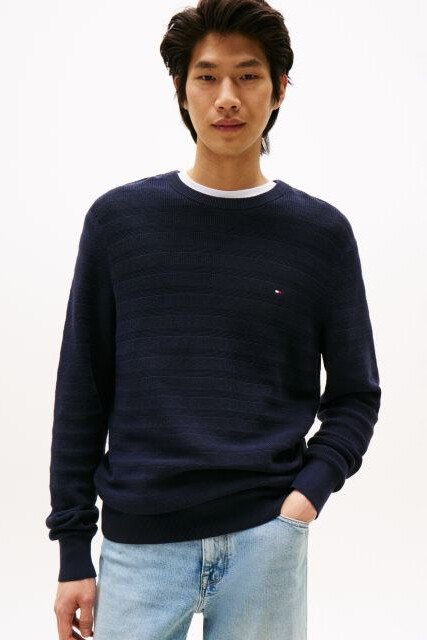 Erkek Dokulu Çizgili Bisiklet Yaka Triko Kazak - Lacivert 