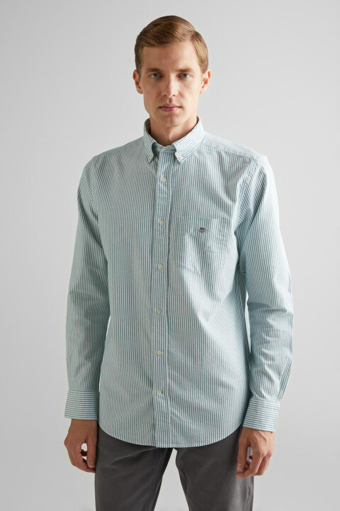 Erkek Düğmeli Yaka Çizgili Oxford Gömlek - Yeşil 