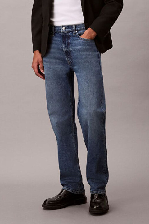 Erkek Düz Kesim Pamuklu 5 Cepli Jean Pantolon - Mavi 