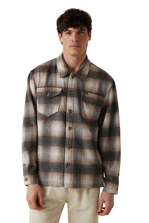 Erkek Ekose Desenli Çift Cepli Relaxed Fit Gömlek - Bej 