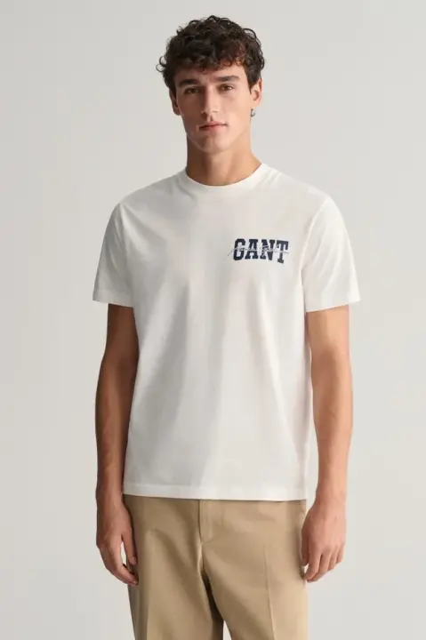 Erkek Gant Regular Fit Bisiklet Yaka Logolu T-Shirt - Krem 