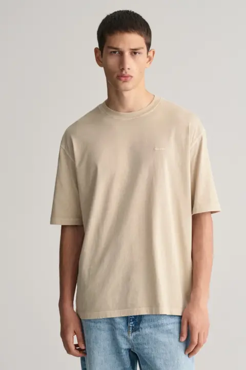 Erkek Gant Relaxed Fit Bisiklet Yaka Logolu T-Shirt - Bej 