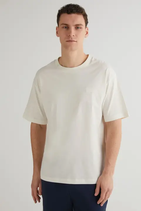 Erkek Gant Relaxed Fit Bisiklet Yaka Logolu T-Shirt - Krem 