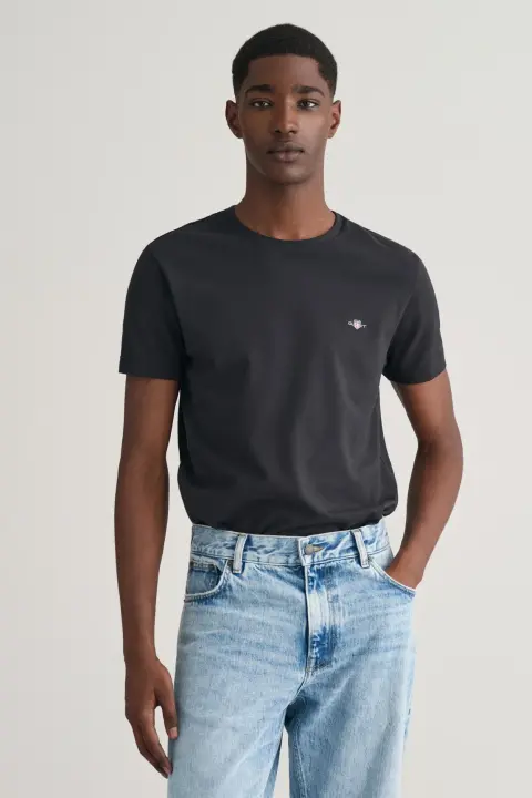 Erkek Gant Siyah Slim Fit Bisiklet Yaka Logolu T-Shirt - Siyah 