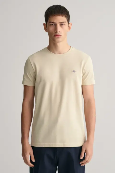 Erkek Gant Slim Fit Bisiklet Yaka Logolu T-Shirt - Bej 