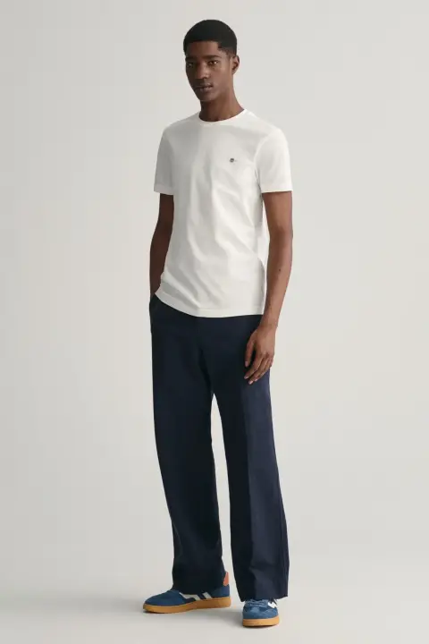 Erkek Gant Slim Fit Bisiklet Yaka Logolu T-Shirt - Krem 