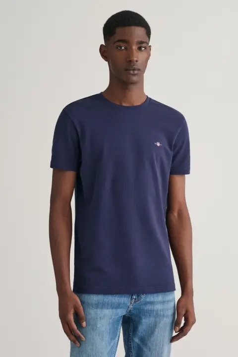 Erkek Gant Slim Fit Bisiklet Yaka Logolu T-Shirt - Lacivert 