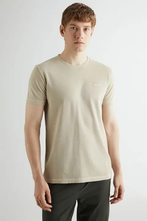 Erkek Gant Slim Fit Bisiklet Yaka T-Shirt - Bej 